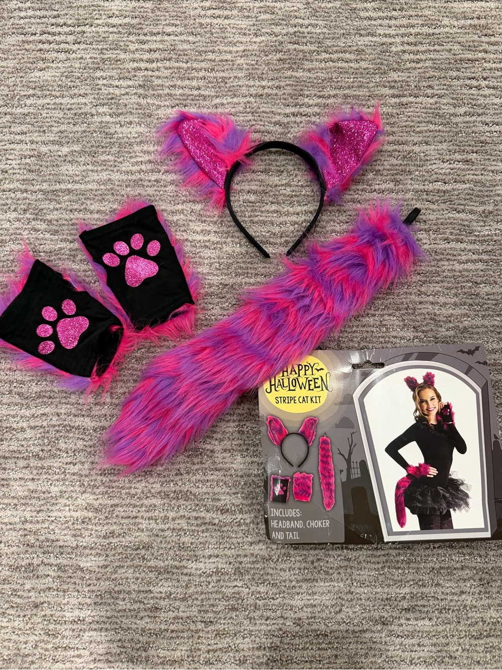 Pink Purple Striped Cheshire Cat Costume Kit - Faux Fur Ears, Tail, Paw Gloves